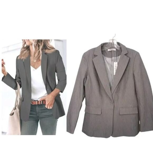 Cicy Bell Blazer Sz M Gray Business Casual One Button Pockets Classic Career New - Picture 1 of 16